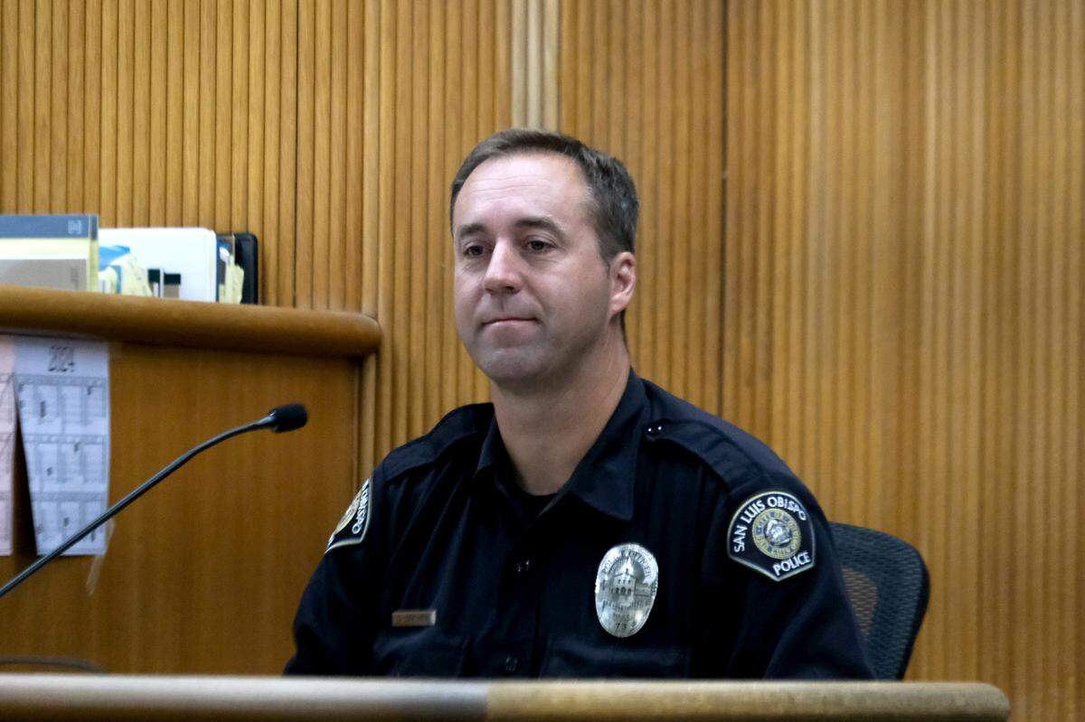 San Luis Obispo Police Officer David Brewer testifies at the preliminary hearing against Daniel Saligan Patricio at San Luis Obispo Superior Court on Nov. 14, 2023. Saligan Patricio is charged with two counts of vehicular manslaughter for the killings of Jennifer Besser and Matthew Chachere on Nov. 21, 2022. 
