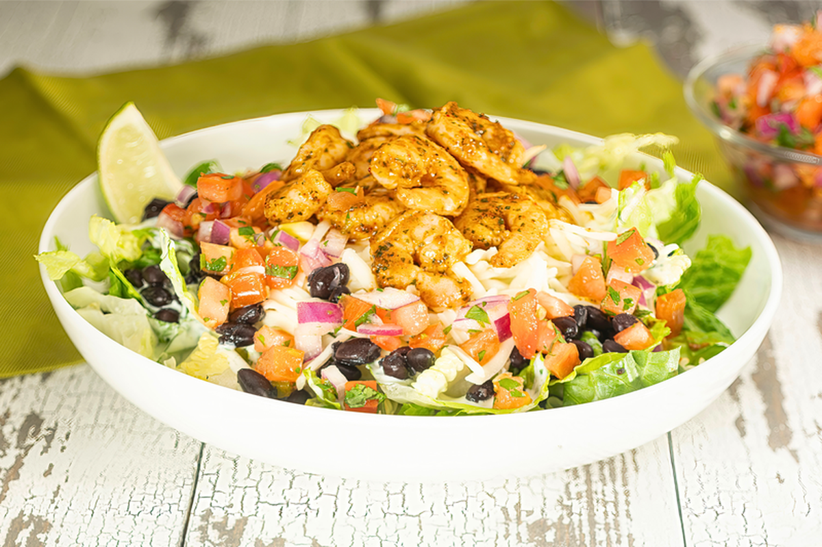 One of the fully customizable entrees that will be offered when the new Press Quesadilla Grill opens in San Luis Obispo will be this chili-lime shrimp bowl.