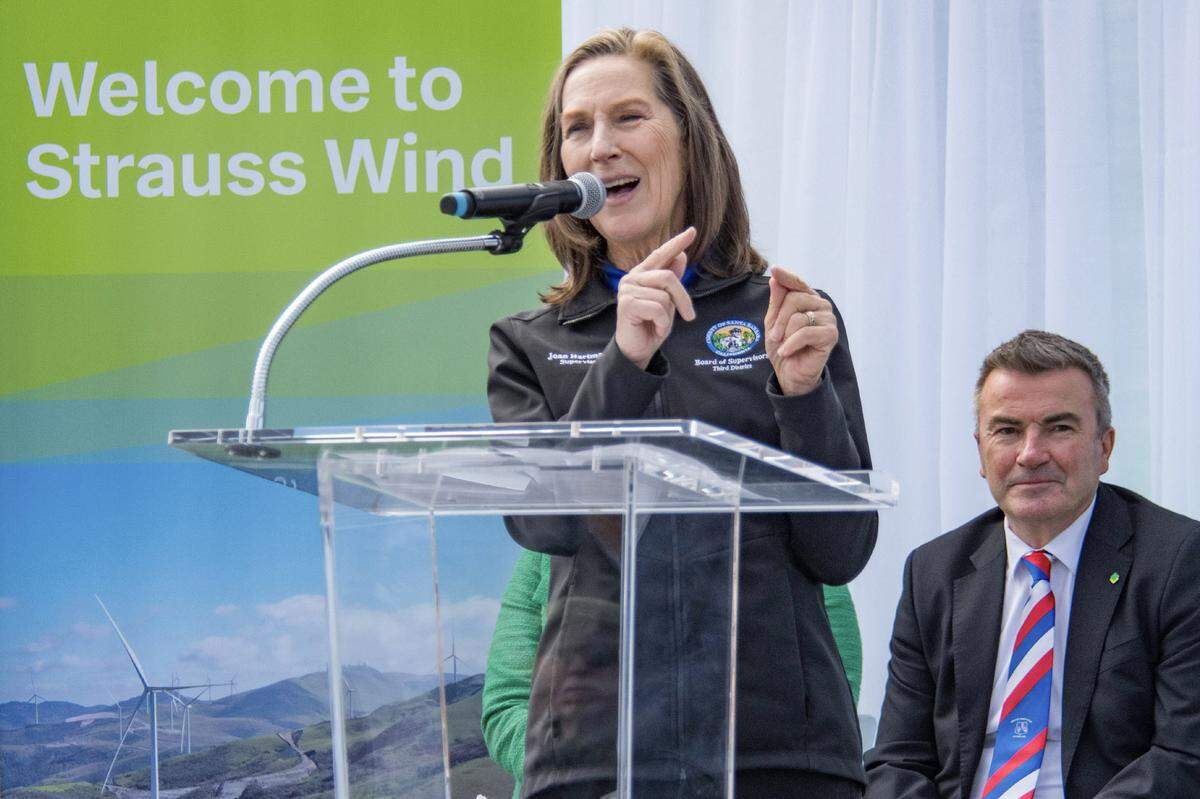 Supervisor Joan Hartmann speaks at the official opening of the Strauss Wind Farm, near Lompoc.