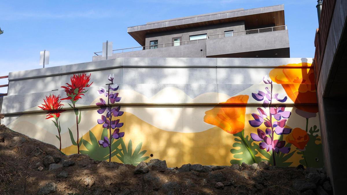 A new mural on the Marsh Street Bridge features native California wildflowers, including lupine, Indian paintbrush and California poppies. It was created by Marmalade Mural Co.