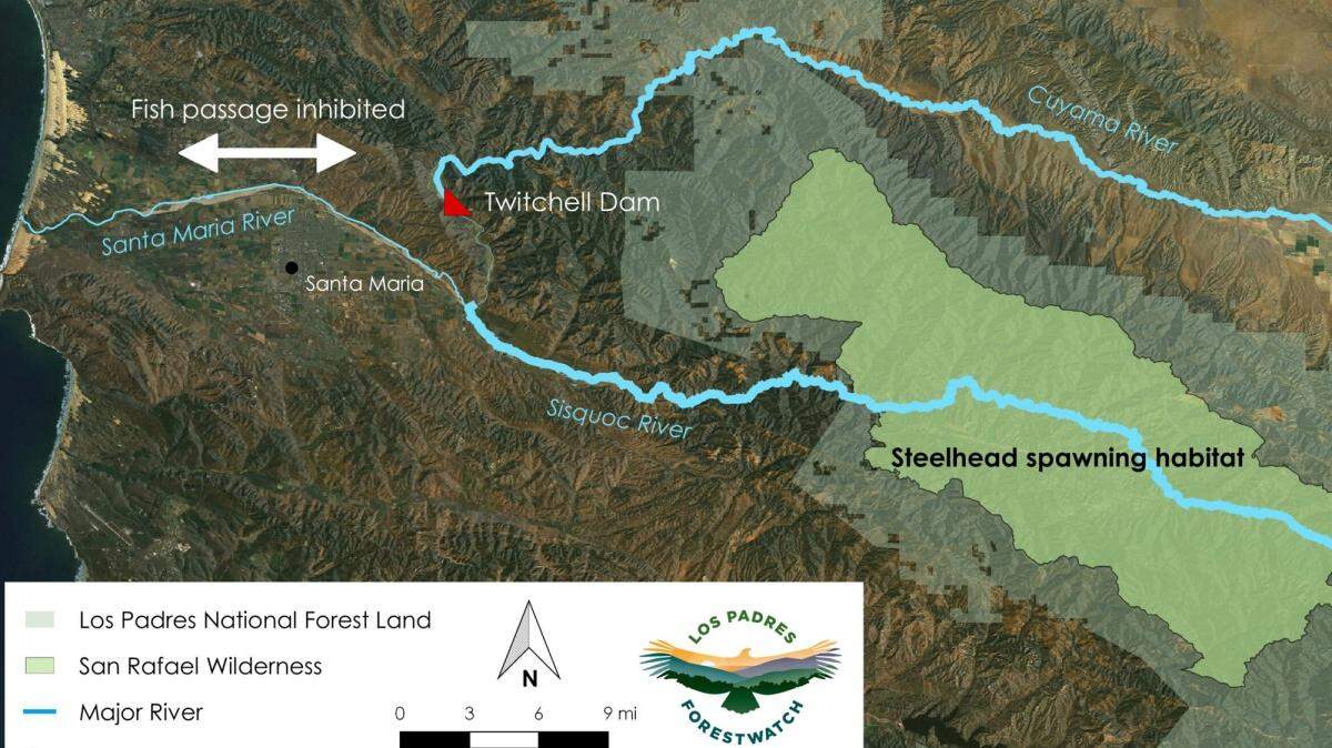 A map shows Twitchell Dam’s location within the river system. A recent court ruling will require operators to release water and protect the Southern California steelhead.