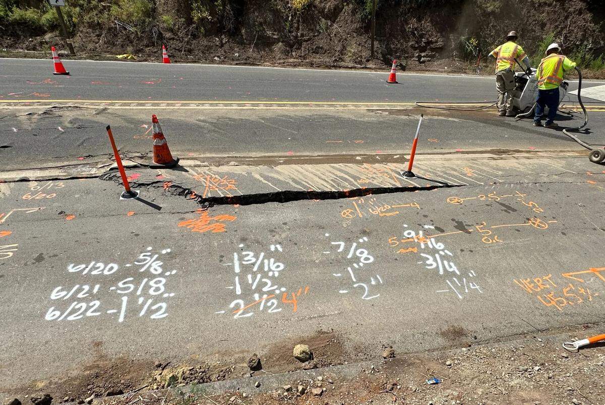 Crack measurements on Highway 154, which was still closed June 24, 2024, for emergency repairs. 