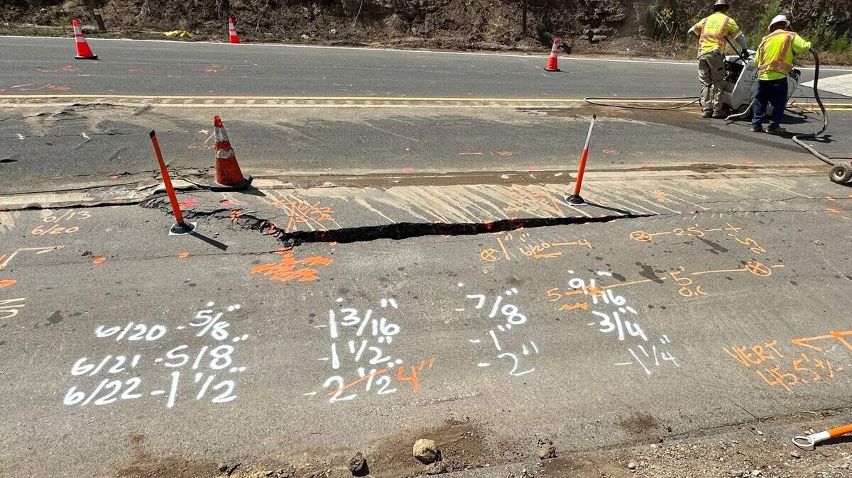 Crack measurements on Highway 154, which was still closed June 24, 2024, for emergency repairs.