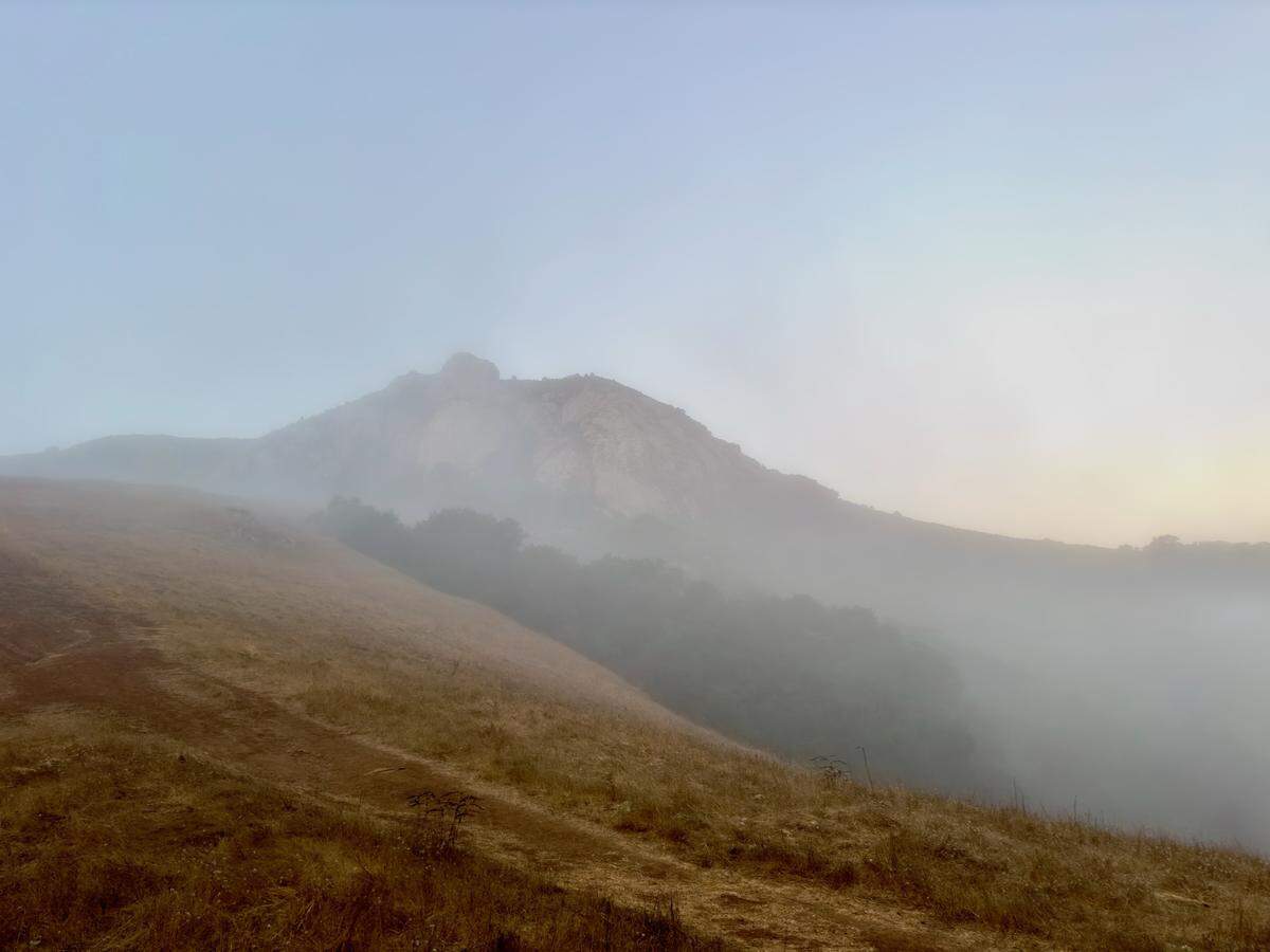 Bishop Peak surrounded by fog.