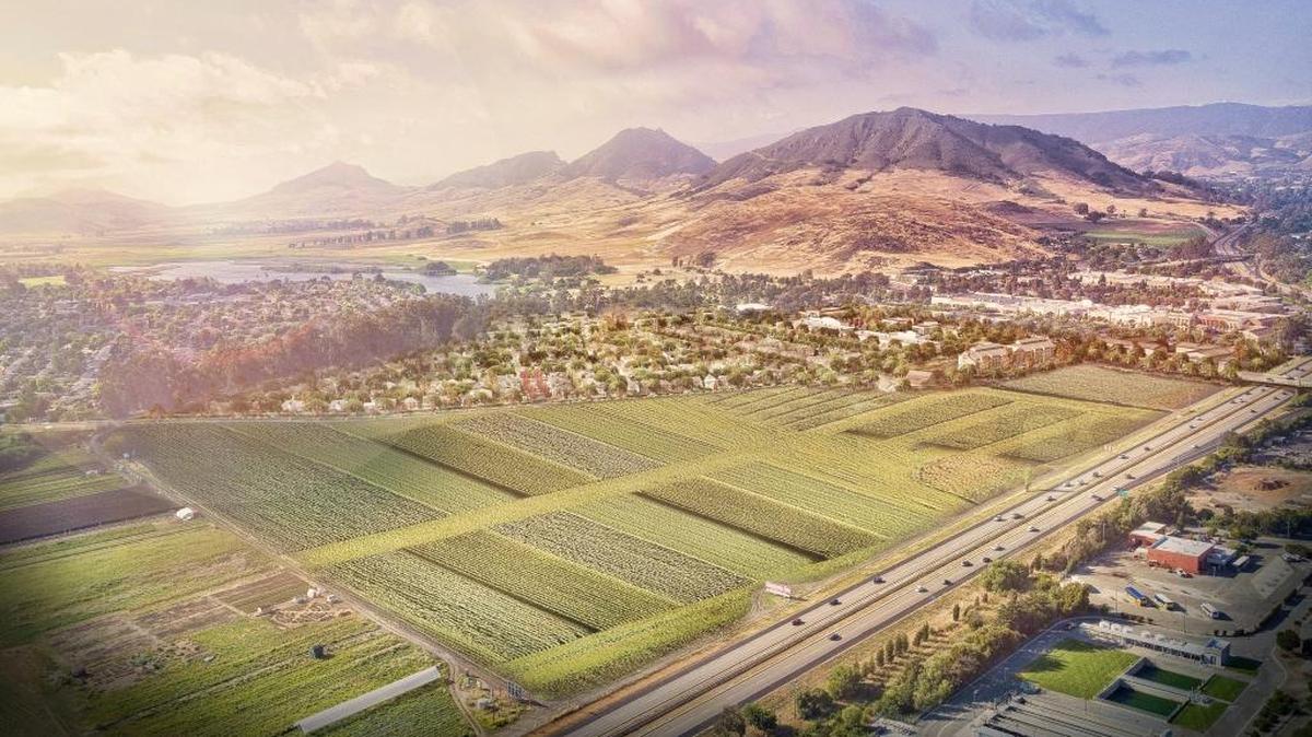 This rendering offers a bird’s eye view of the proposed San Luis Ranch project bordering Madonna Road and Oceanaire Drive in San Luis Obispo.