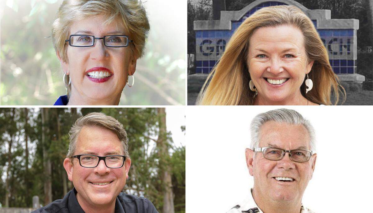 At top, Stacy Korsgaden, left, and Karen Bright are competing for Grover Beach mayor. At bottom, Dan Rushing, left, is facing off against Ron Arnoldsen.
