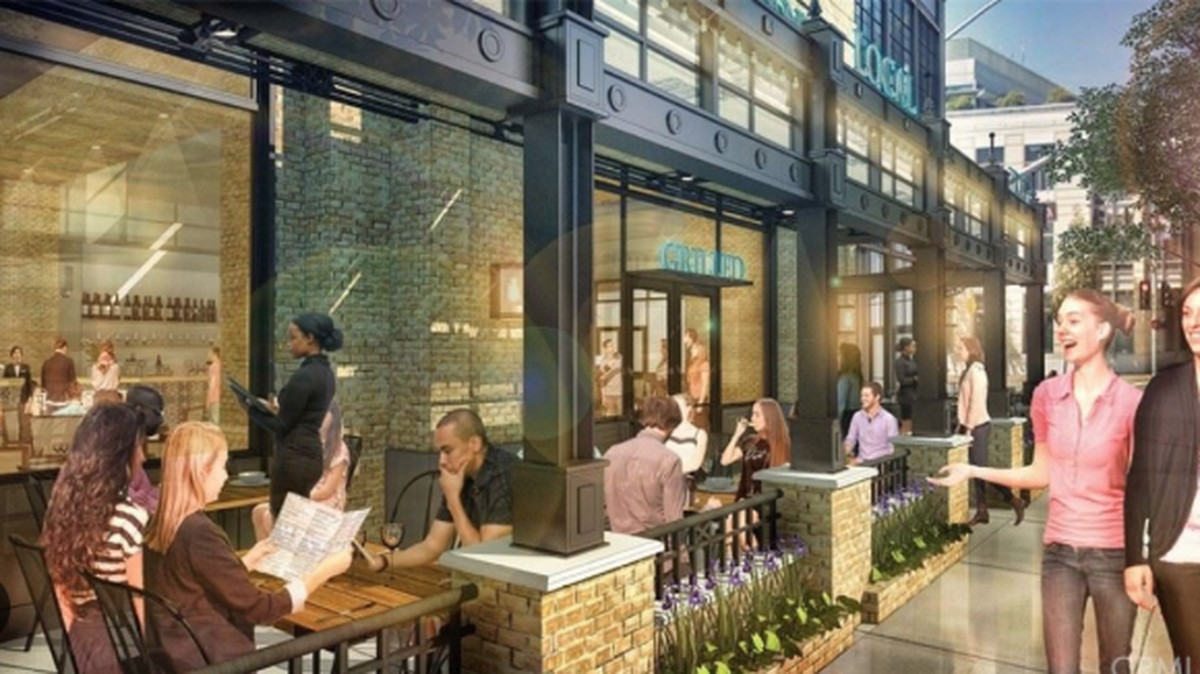 A rendering shows the ground-floor restaurant space at the new building at the corner of Monterey and Santa Rosa streets in San Luis Obispo. The Lure Fish House will open a seafood eatery and oyster bar there in 2023.