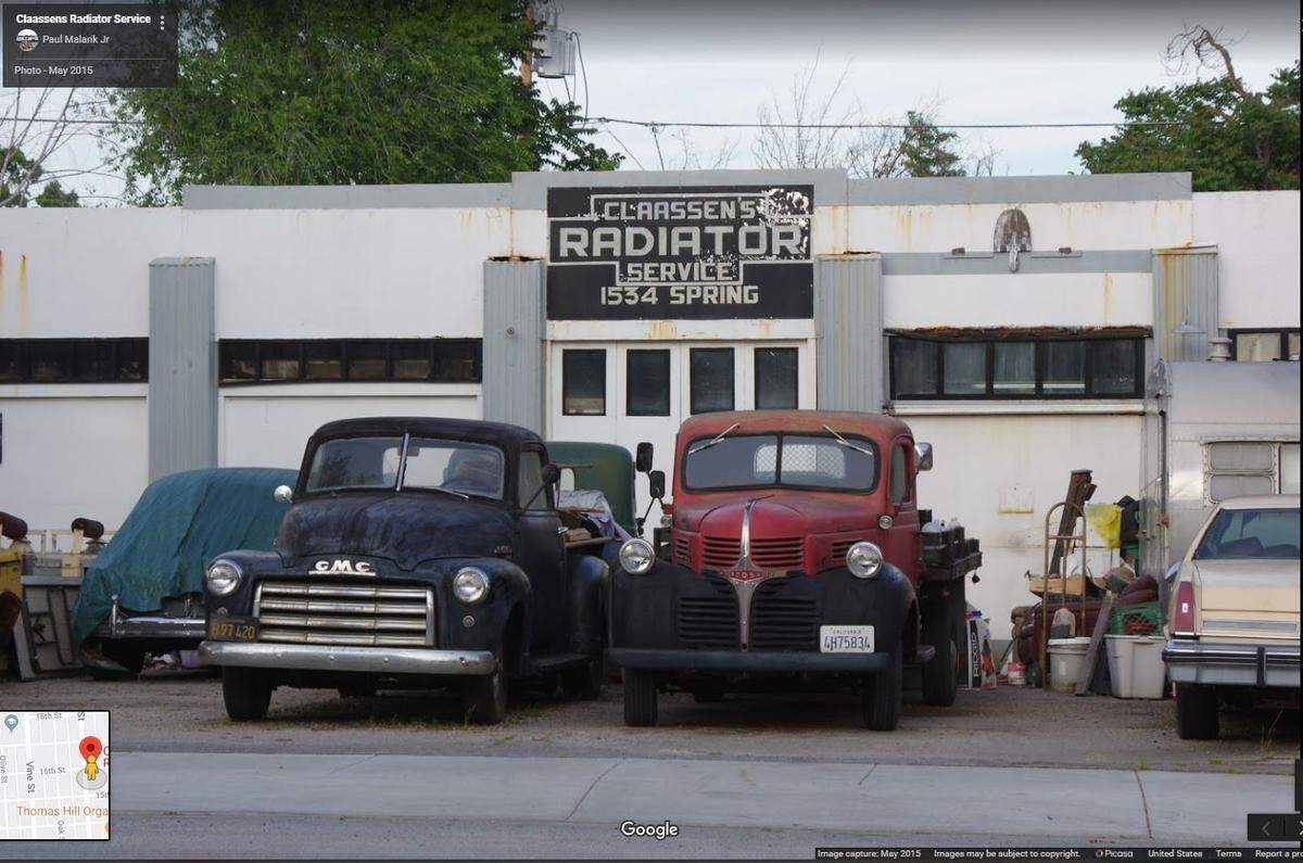 A May 2015 Google Maps image shows Claassen’s Radiator Service before owner Don Hughes lost the Paso Robles shop in a San Luis Obispo County tax auction in 2018. Hughes’ vintage vehicles are parked outside the business.
