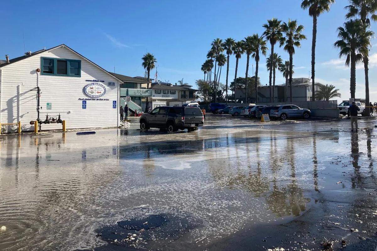 A flooded parking lot at the Santa Barbara Harbor in Santa Barbara on Thursday.
