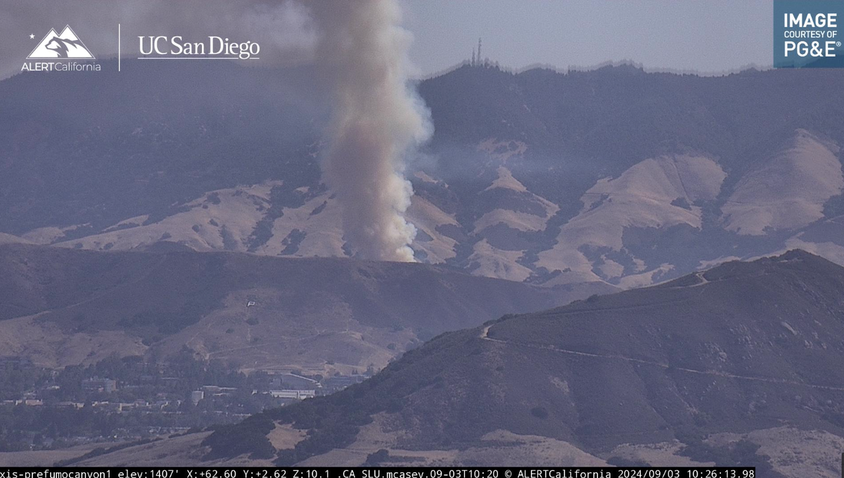 A vegetation fire burns on a hill on the southbound side of Highway 101 and Hawk Hill Lane at the base of the Cuesta Grade in San Luis Obispo on Sept. 3, 2024.