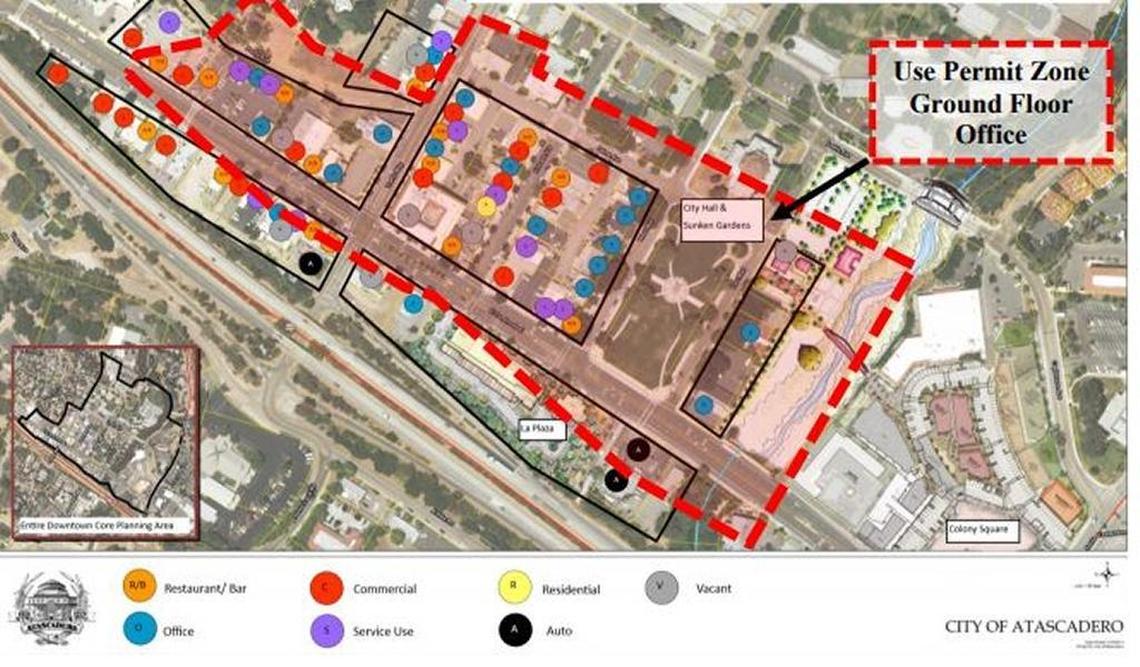 A map showing the downtown Atascadero area that would be subject to new zoning restrictions. Ground-floor residential uses would be prohibited in this area, and new medical offices would require a public hearing.