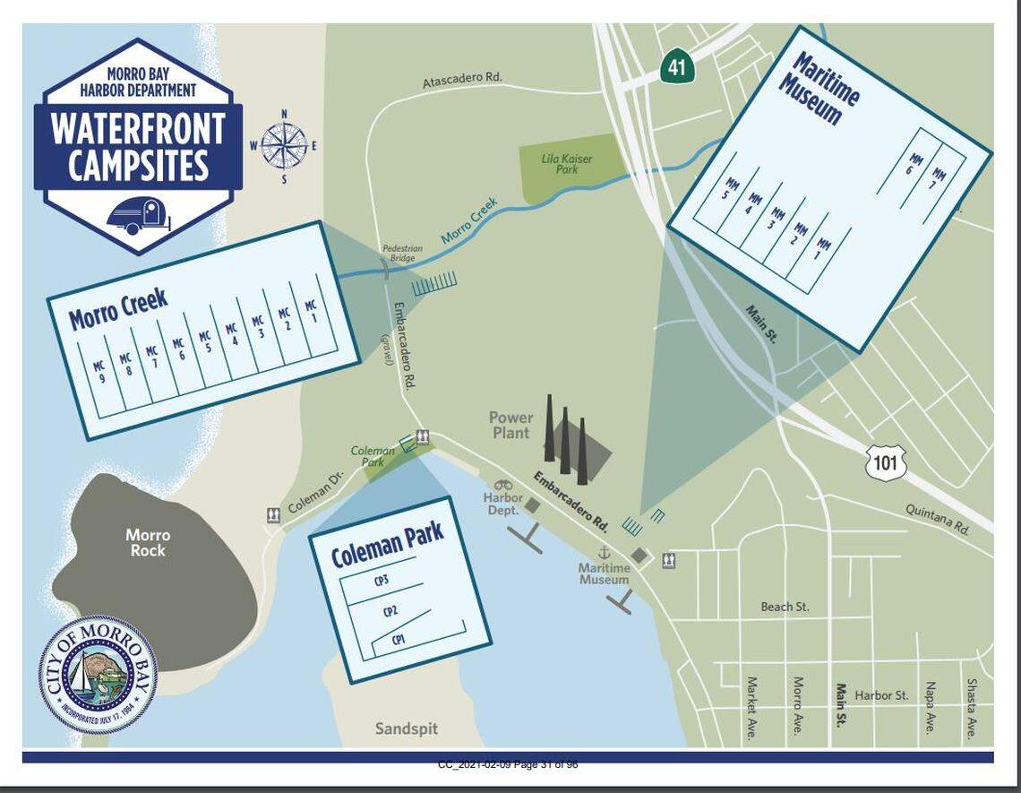A map shows three of the RV camping locations now being tested near the harbor and beach in Morro Bay.