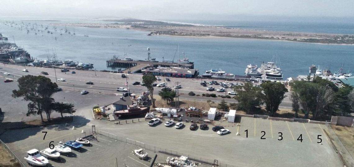 An aerial photos shows RV camping spaces (numbered) near the Maritime Museum in Morro Bay.