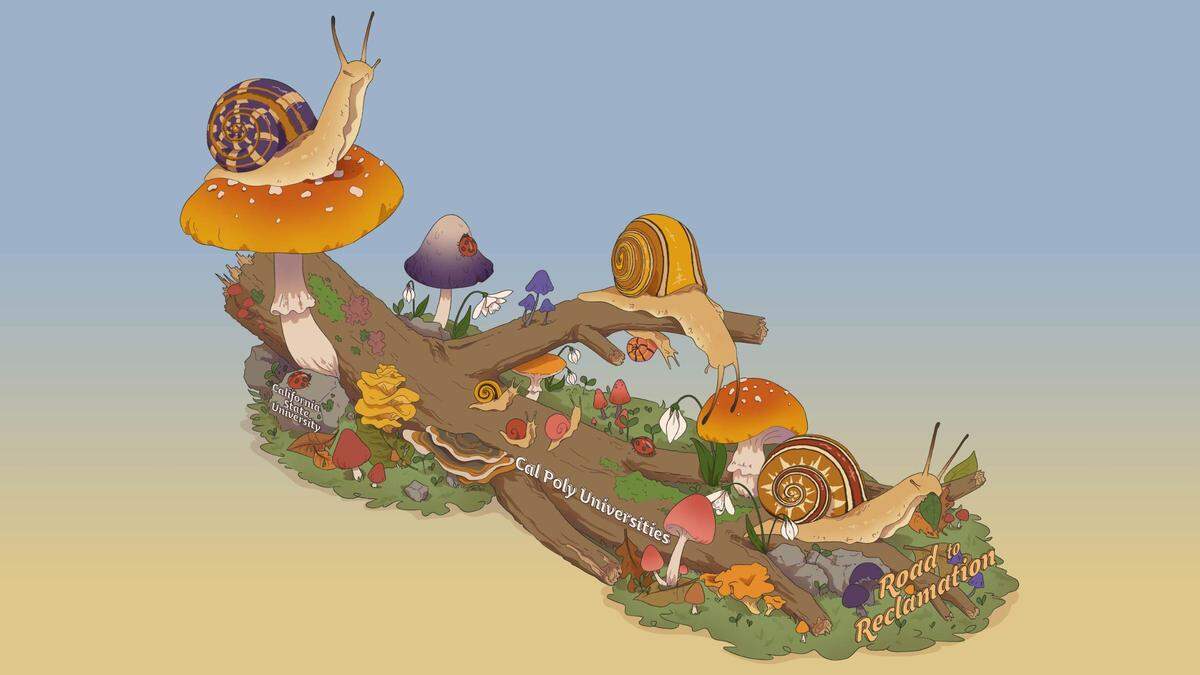 The 2023 Cal Poly Rose Parade float, titled “Road to Reclamation,” features a forest world of gigantic snails, mushrooms and colorful fungi on a dead tree branch. The parade’s theme is “Turning the Corner,” symbolizing the positive change and unlimited potential that each new year can bring.