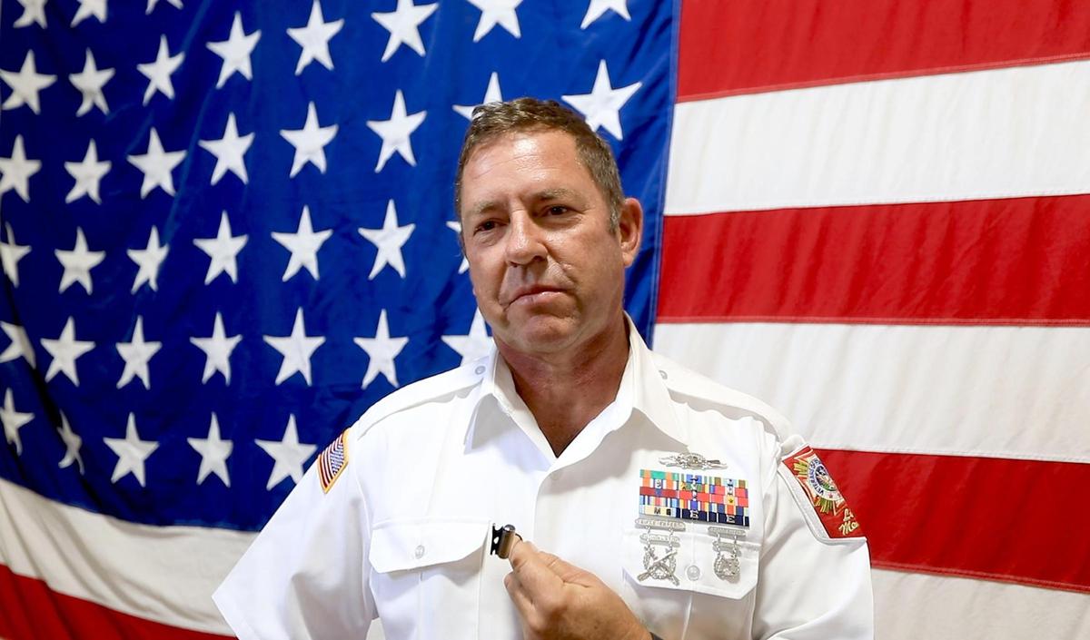 Thomas Morgan, a local veteran from Nipomo speaks about the South County Veterans of Foreign Wars and Welcome Home Military Heroes hosting a vehicle salute to veterans in Nipomo on Wednesday