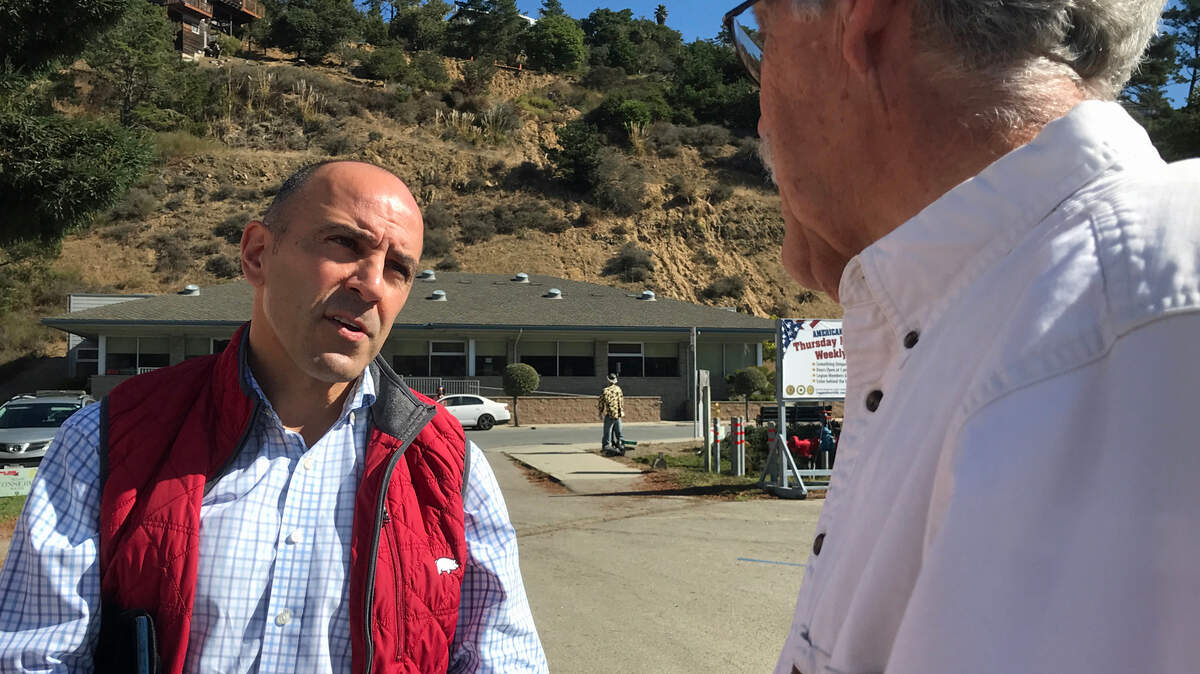 U.s. Rep. Jimmy Panetta and De Roy Jensen of Cambria share their recent experiences in the Mid-East. Both were in the area when Hamas began attacking Israel two weeks earlier. The men chatted at the Cambria Chamber of Commerce’s 23rd annual car show on Saturday, Oct. 21, 2023