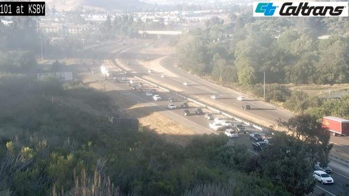 A multi-car crash  blocked both lanes of southbound Highway 101 in San Luis Obispo on the evening of Aug. 9, 2024. 