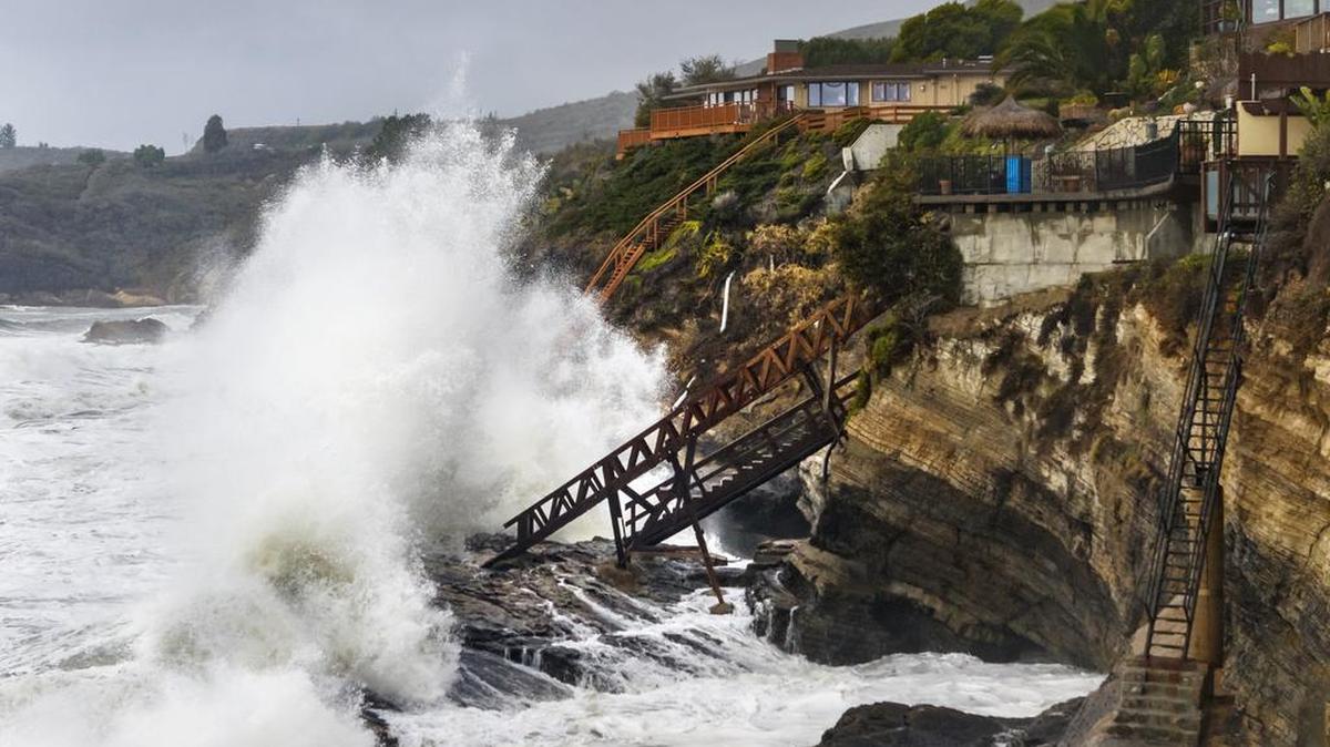 High surf crashes into the rocky bluffs in north Shell Beach on Jan. 7, 2016, as powerful El Niño-driven storms lashed California.