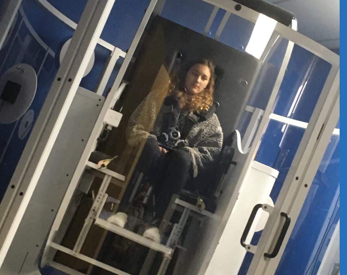 Makennah Simonson received GyroStim therapy using a computer-controlled rotational chair that helps stimulate the motor system.