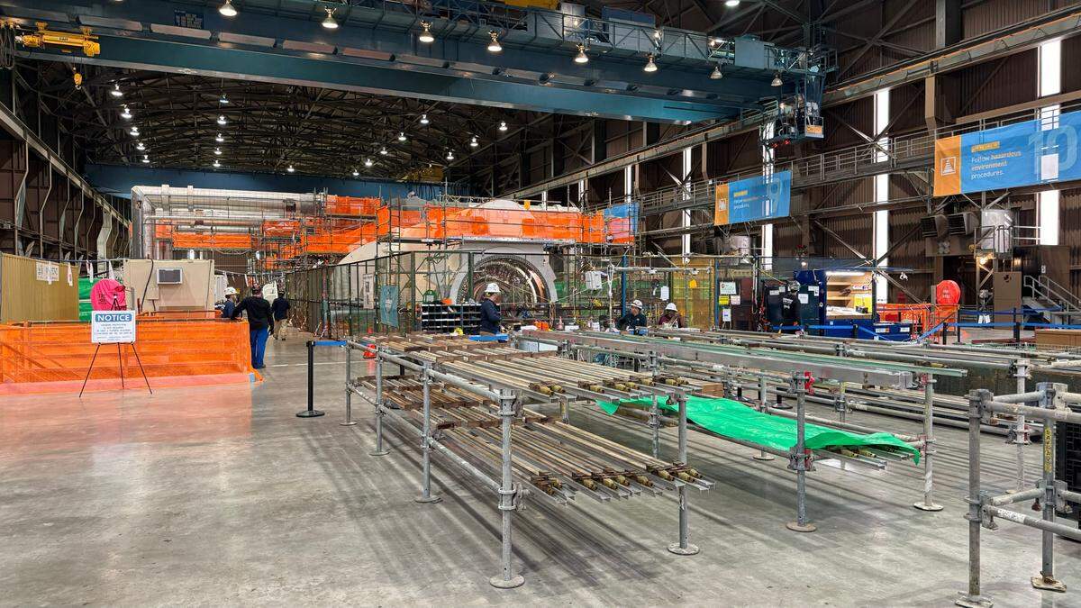 Parts and equipment fill the Diablo Canyon nuclear power plant turbine building during Unit 2’s refueling outage in April 2024.