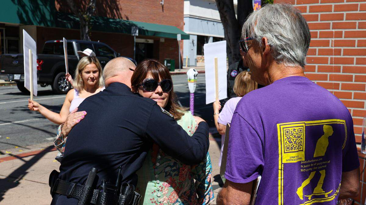 San Luis Obispo Chief Rick Scott offered his sympathy to Mary Jane Jodry and husband Bill. The Jodrys were leading a vigil for their son Thomas who died three years ago in a fall from the Marsh Street parking garage in San Luis Obispo, under circumstances which they are still looking for answers.