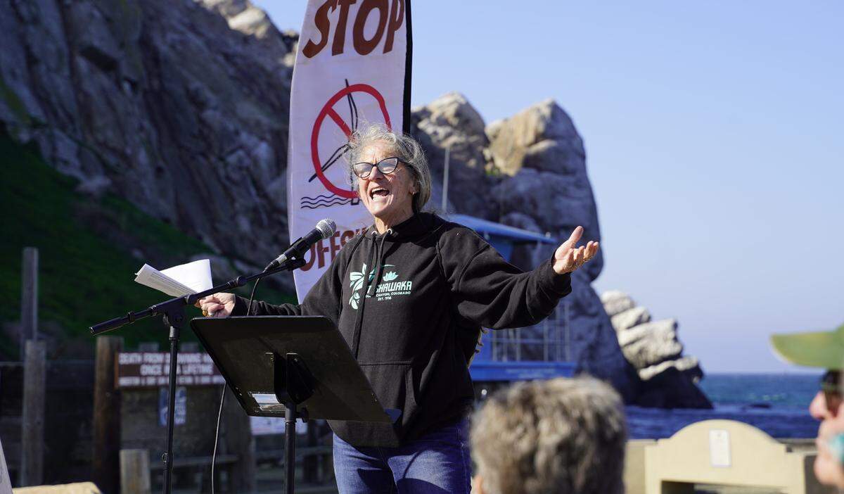 Los Osos resident Andrea Lueker spoke at a REACT Alliance protest against offshore wind on Jan. 18, 2025.