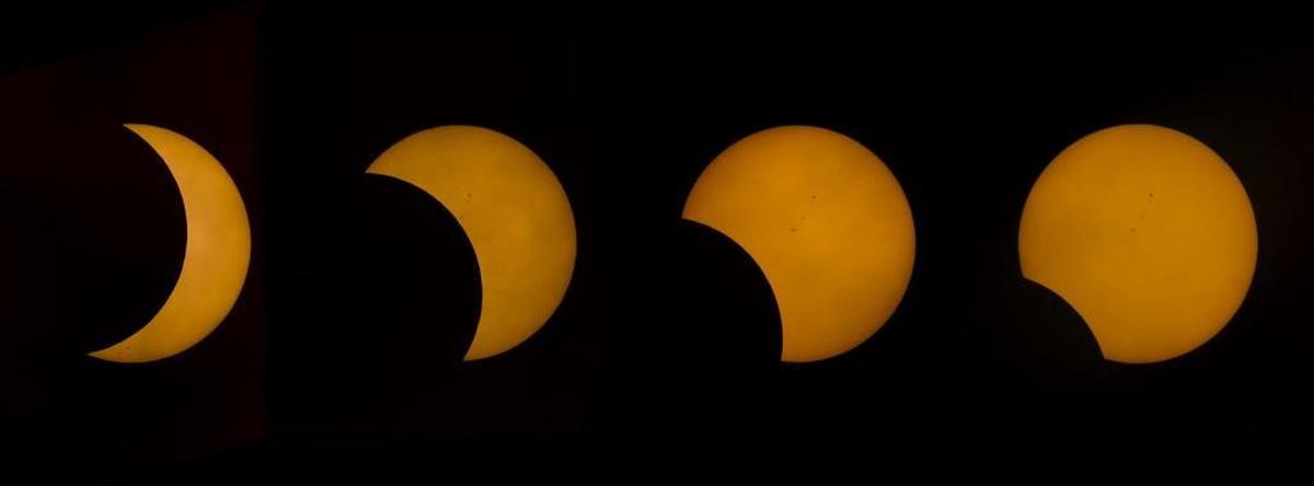 A sequence of the partial solar eclipse shows photos taken over the span of 1 hour and 15 minutes at the Atascadero Library on Monday.