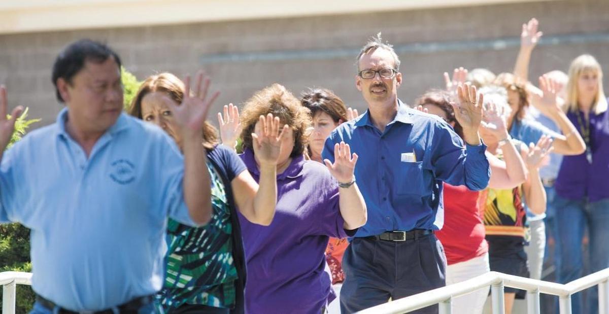 Teachers and staff at San Luis Obispo High School participate in an active-shooter drill in 2014.