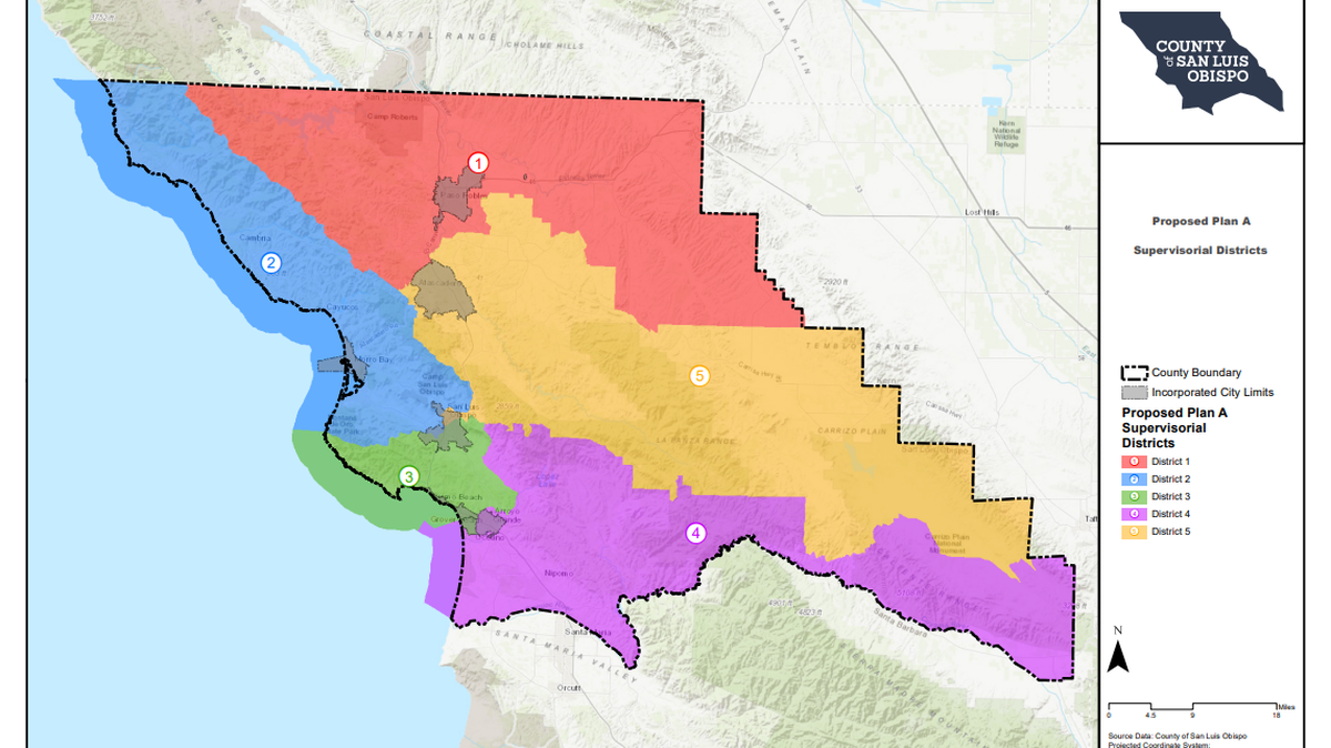 The SLO County Board of Supervisors have adopted Map A, designed by the firm Redistricting Partners, to replace the Patten map adopted in 2021. It restores similar boundaries to the 2011 map, with small adjustments for population changes.