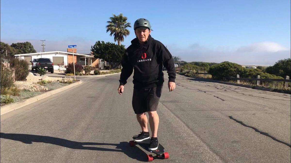 Jack Smith, president of Morro Bay’s Skateboard Museum, will attempt his quest to continue his ride across the country, which he ended in 2016 in Idaho, on an electric skateboard. Here, he’s pictured with the skateboard he’ll use on his latest trek, provided by  Inboard Technology, a Santa Cruz-based company.