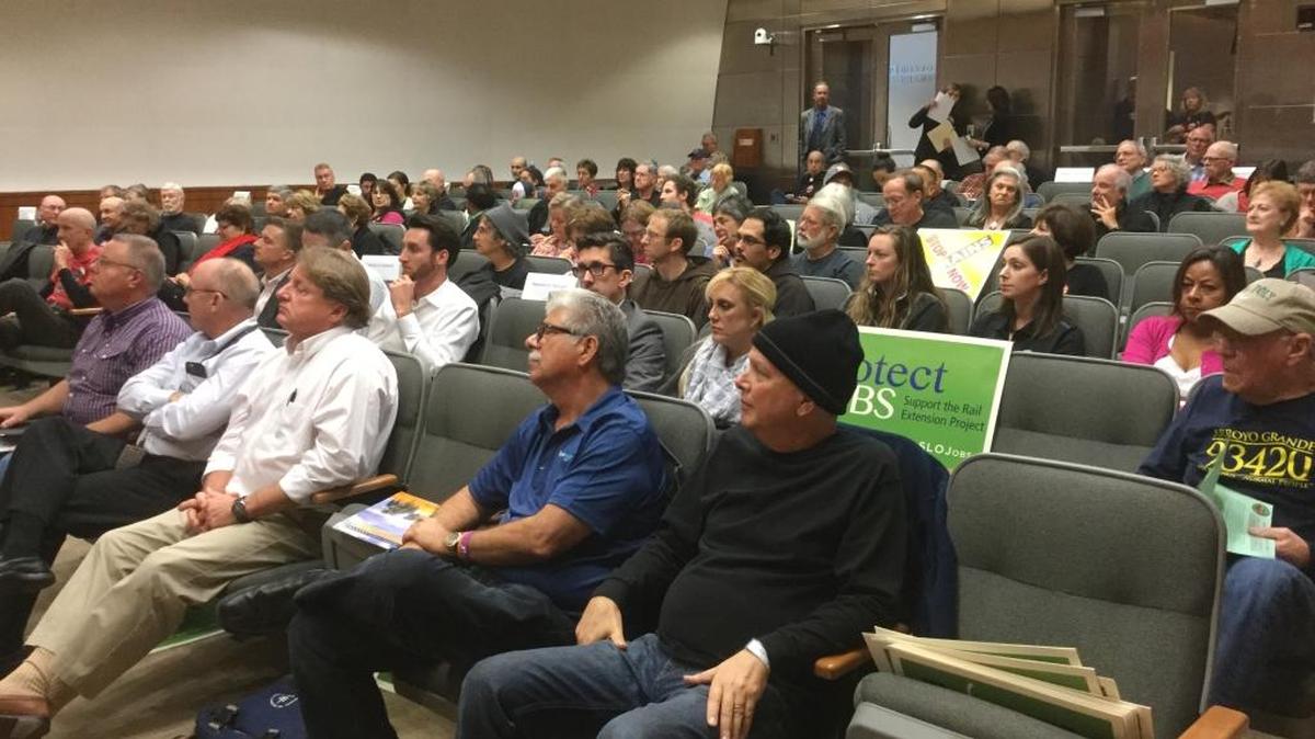Audience members listen during public comment on Phillips 66’s oil-by-rail plan at Friday’s Planning Commission hearing in San Luis Obispo.