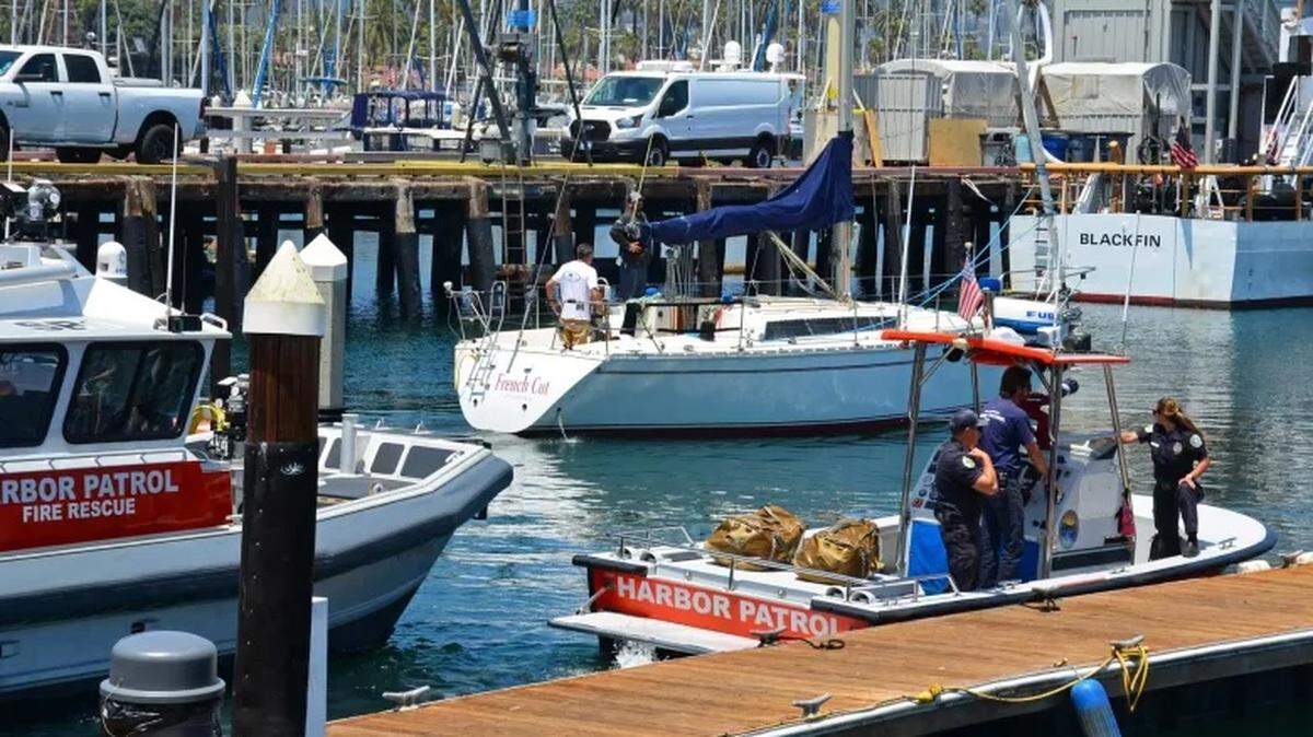 Personnel from the Santa Barbara Harbor Patrol responded to a sinking boat offshore Friday morning, July 11, 2025. The Harbor Patrol staff, some seen here later on Friday afternoon, provides emergency response on the waterfront area of the city and patrols nearby ocean areas.  