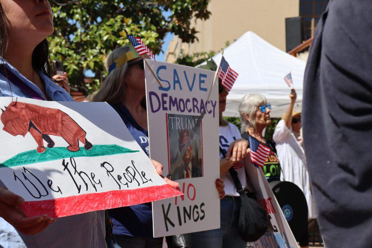 Protestors gathered in front of the courthouse in San Luis Obispo, for No Kings Day to protest executive overreach by the Trump administration on the president’s birthday.