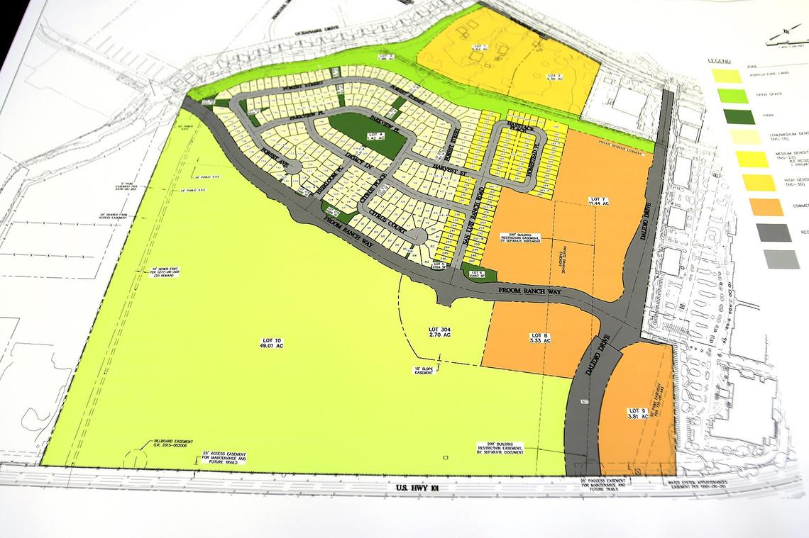 Construction on the San Luis Ranch project, a 580-home project, is underway. The project will be a mix of multifamily and single-family homes. Map of the project.