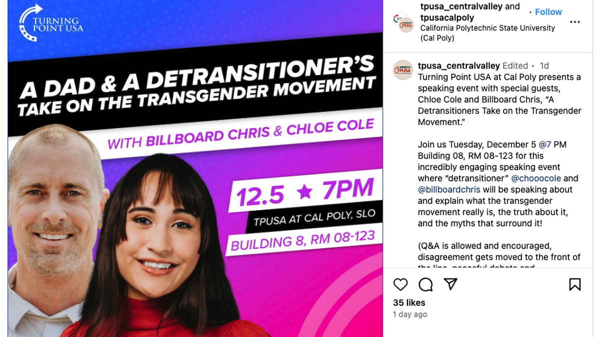 Anti-transgender influencers Chloe Cole and Chris Elston will speak at Cal Poly on Tuesday, Dec. 5, 2023.
