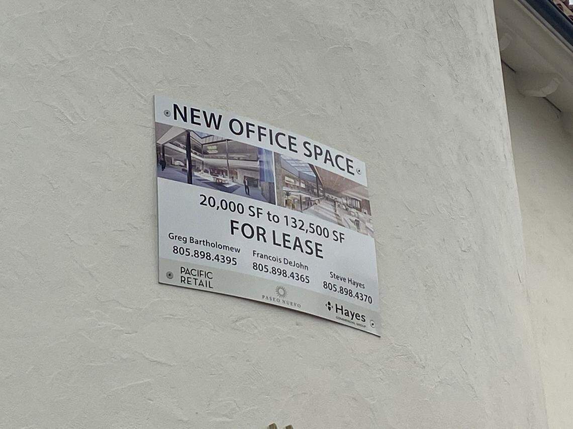 A sign shows spaces for lease in Paso Nuevo in downtown Santa Barbara.