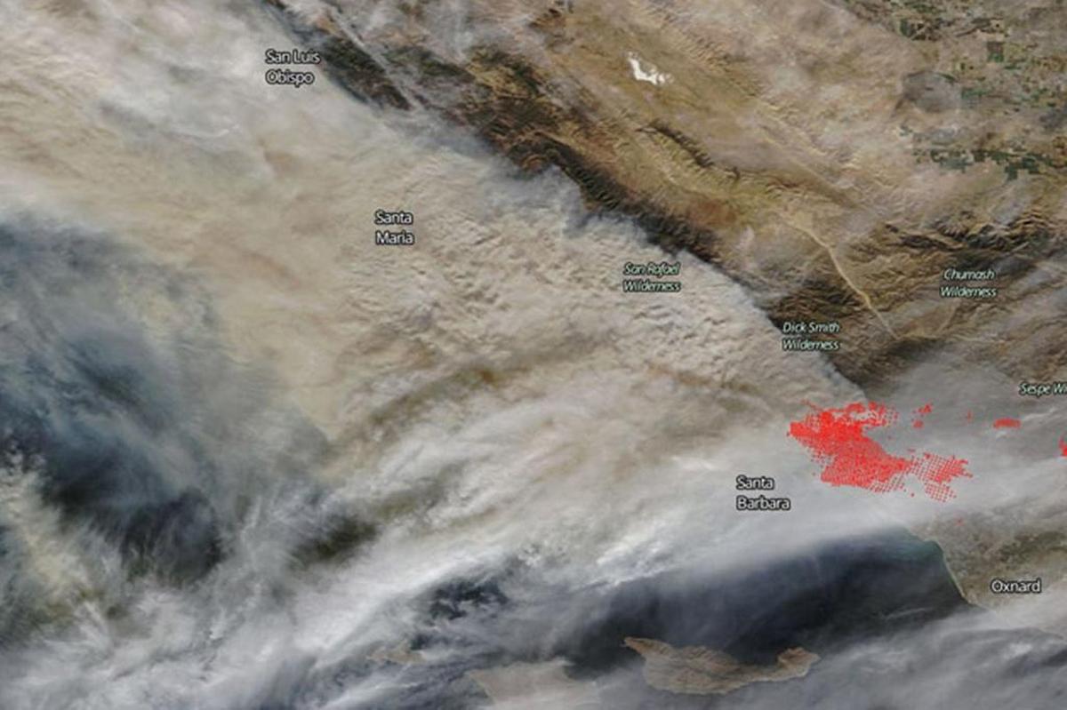 This image of the Thomas Fire on Sunday, December 10, 2017, from the NASA Worldview website, was created using layered data from several satellites that launched from Vandenberg Air Force Base.