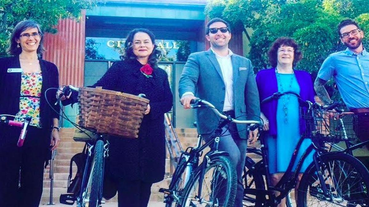 San Luis Obispo City Council members rode their bikes to their regular meeting Tuesday. From left are Andy Pease, Heidi Harmon, Dan Rivoire, Carlyn Christianson and Aaron Gomez. They voted to give Harmon a 15 percent raise Tuesday and the four council members a 2 percent hike.