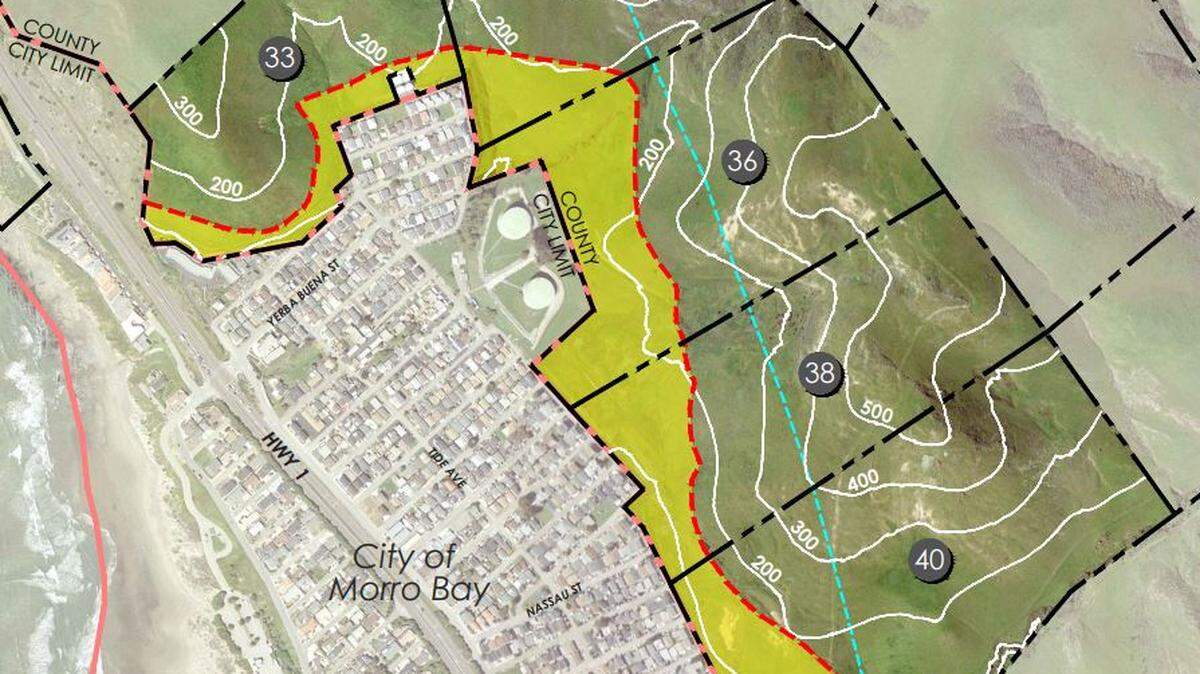The proposed site for future annexation from SLO County to the city of Morro Bay is depicted to the east of the city in yellow and green. The yellow represents the portion that could be developed with the upper tier that would be preserved in green.