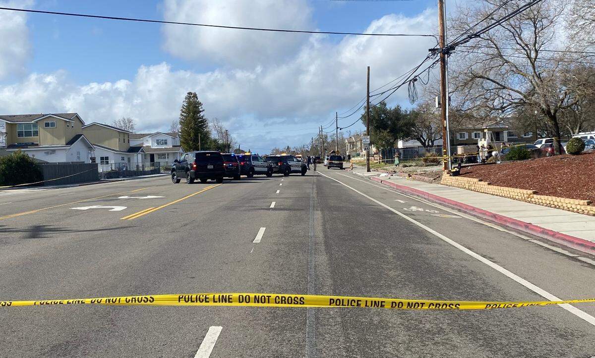 A boy walking on a sidewalk on El Camino Real in Atascadero was killed in a hit-and-run crash on March 14, 2025. Police investigate the scene where a gray Dodge pickup truck ran off the road, hit the child and then fled the area.