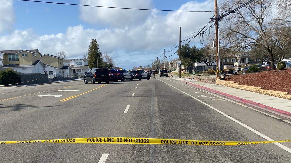 A boy walking on a sidewalk on El Camino Real in Atascadero was killed in a hit-and-run crash on March 14, 2025. Police investigate the scene where a gray Dodge pickup truck ran off the road, hit the child and then fled the area.