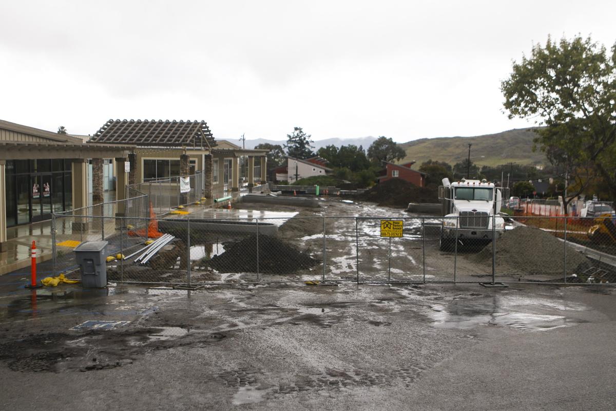 San Luis Obispo's Laurel Lane shopping center is still under construction with planned upgrades ongoing through the summer. The center's developer, Patrick Aurignac, is improving the site. This photo was taken in March after rains.