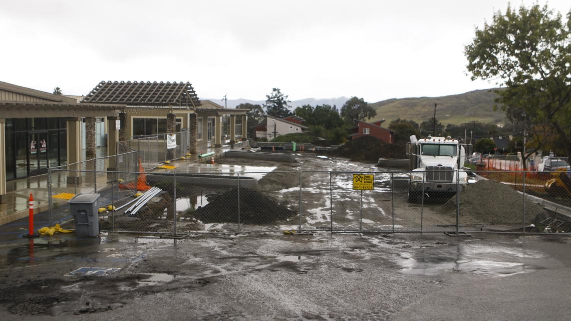 San Luis Obispo's Laurel Lane shopping center is still under construction with planned upgrades ongoing through the summer. The center's developer, Patrick Aurignac, is improving the site. This photo was taken in March after rains.