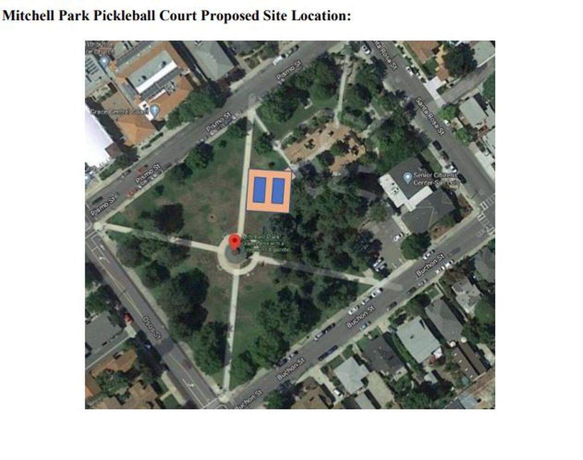 The city of SLO included a rendering of a proposed site at Mitchell Park for two new pickleball courts. Further planning still needs to be completed if the City Council approves funding for a new facility at its Tuesday.