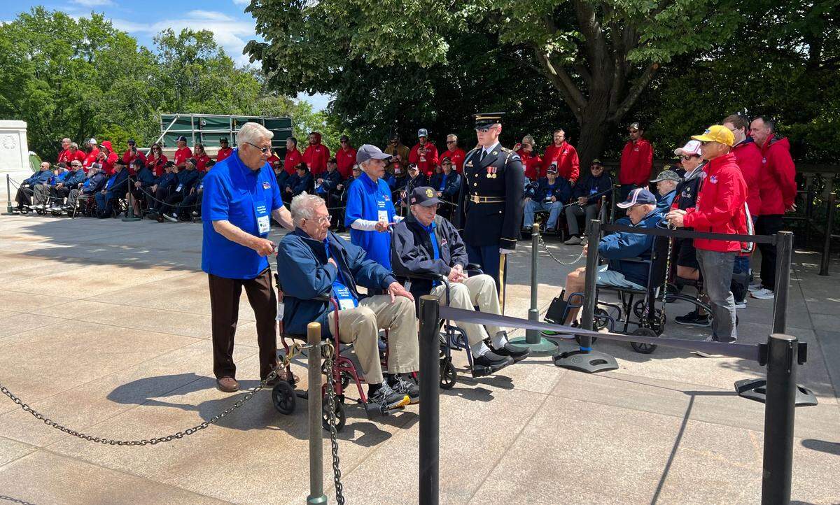 Honor Flight participants from the Central Coast gather at the Tomb of the Unknown Soldier at Arlington Cemetery in Washington, D.C., on Tuesday, April 25, 2023.