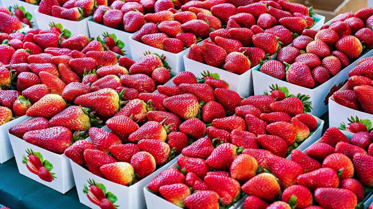 Baskets of strawberries are for sale at Farmers Market in San Luis Obispo.