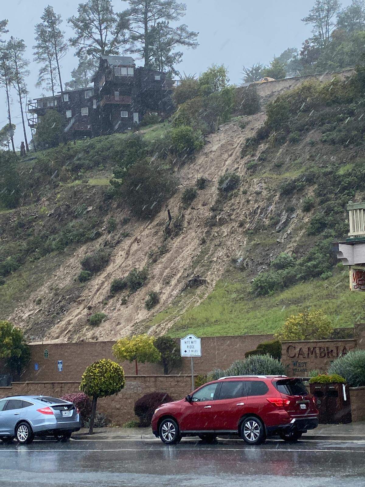 A mudslide behind the Cambria Library during the March 10, 2023, storm.
