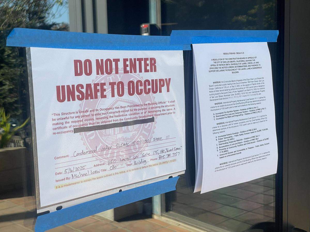 A “Do not enter” sign was posted on the door of Bang the Drum brewery on Wednesday, May 7, 2025, after the owners were locked out of the building, which has been cited for multiple code violations.