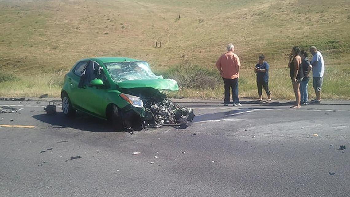 A three-vehicle crash involved this four-door sedan on Highway 46 East on Sunday, April 30, 2017.