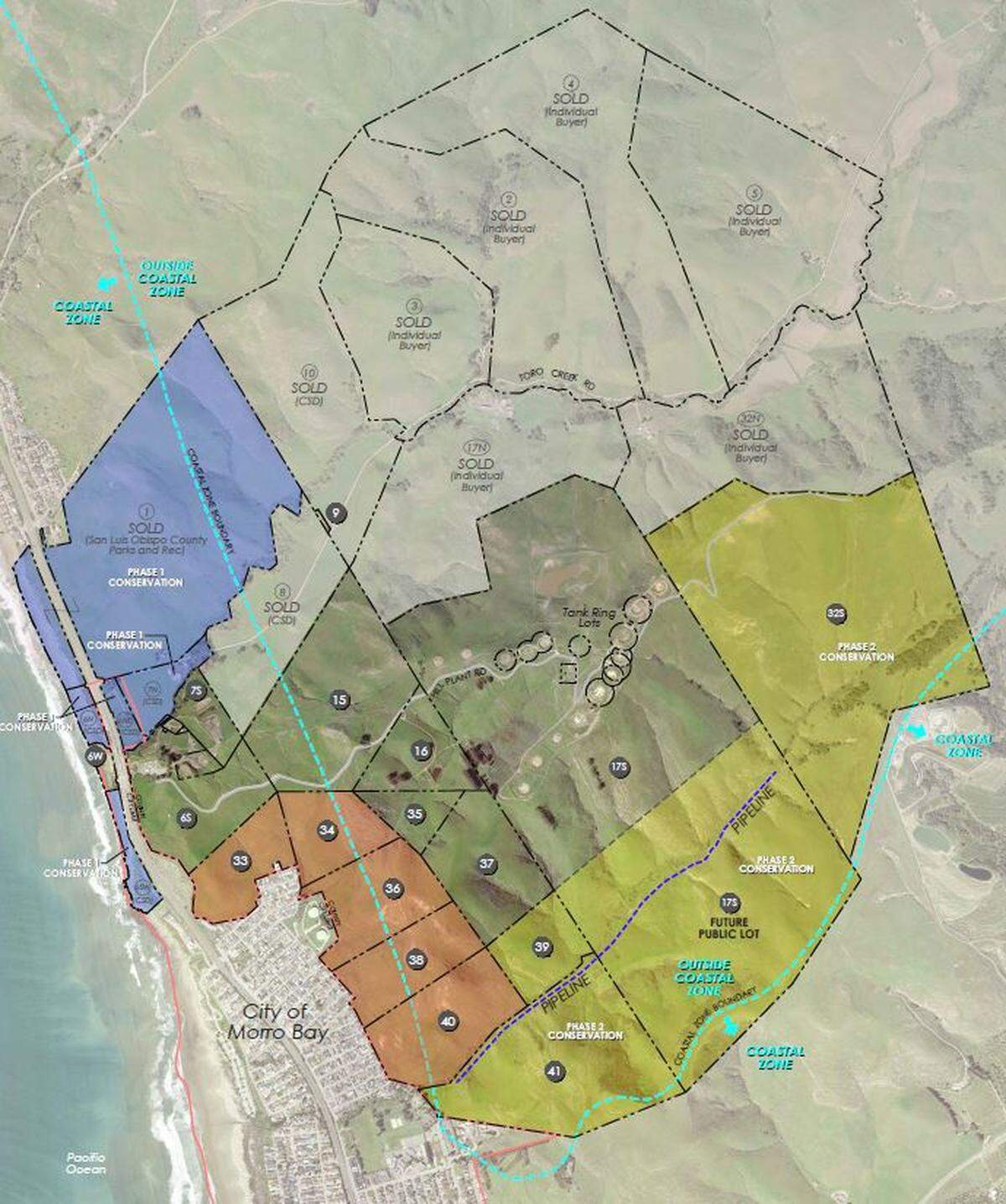 A rendering shows the colored areas where Morro Bay plans to preserve open space. The blue strip west of Highway 1 represents land the city will take over from Cayucos Sanitary District. County Parks is planning a two-mile bike trail. The yellow-green area is Chevron property where a future trail system could be established. The orange parcels are owned by Chevron and plans are to annex them into the city for sale to private owners under ag zoning.